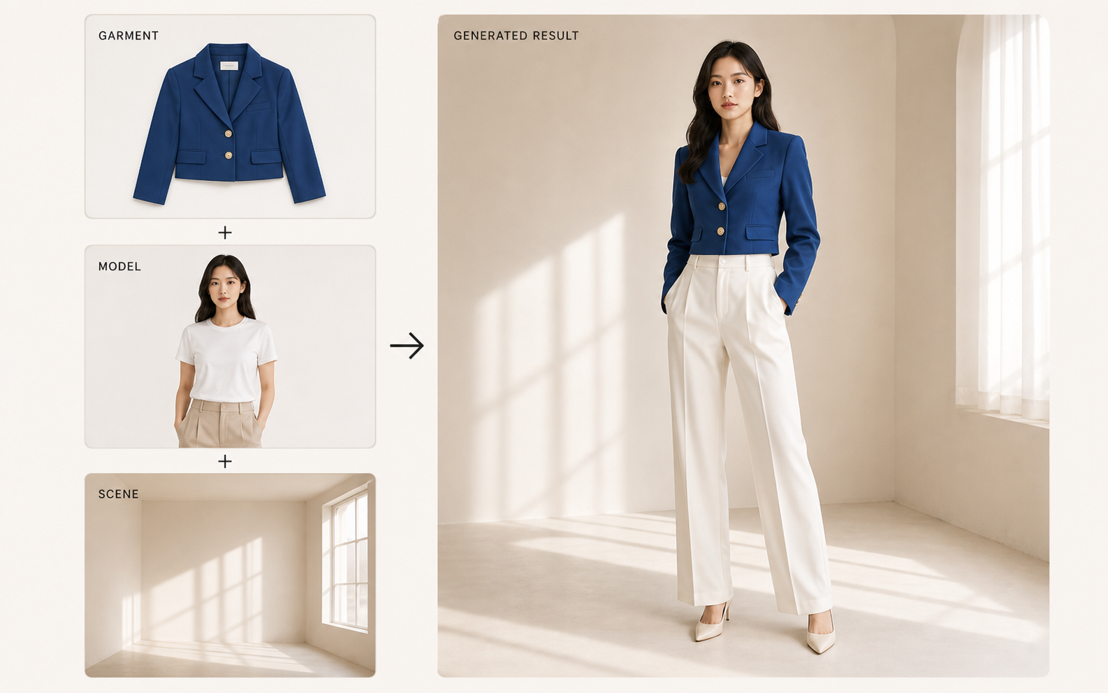 A garment, model, and studio scene combined into a sell-ready fashion image