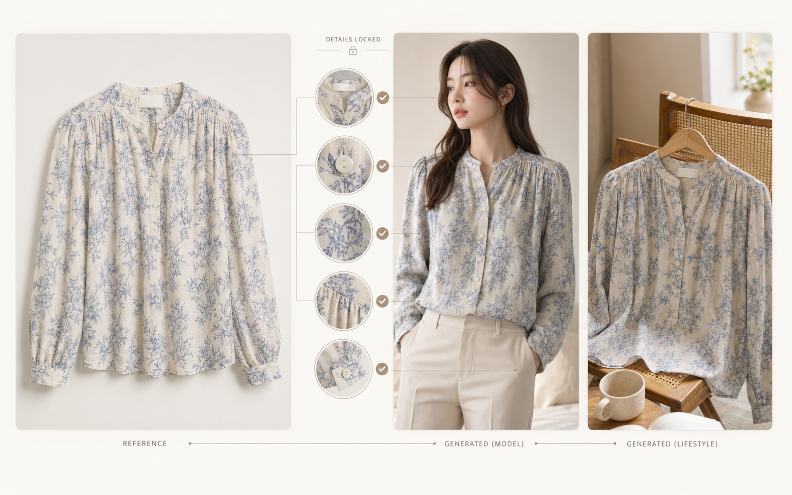 Product detail lock comparison showing the same blouse details preserved across generated outputs