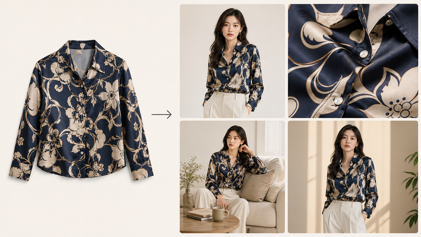 One patterned blouse transformed into four e-commerce assets