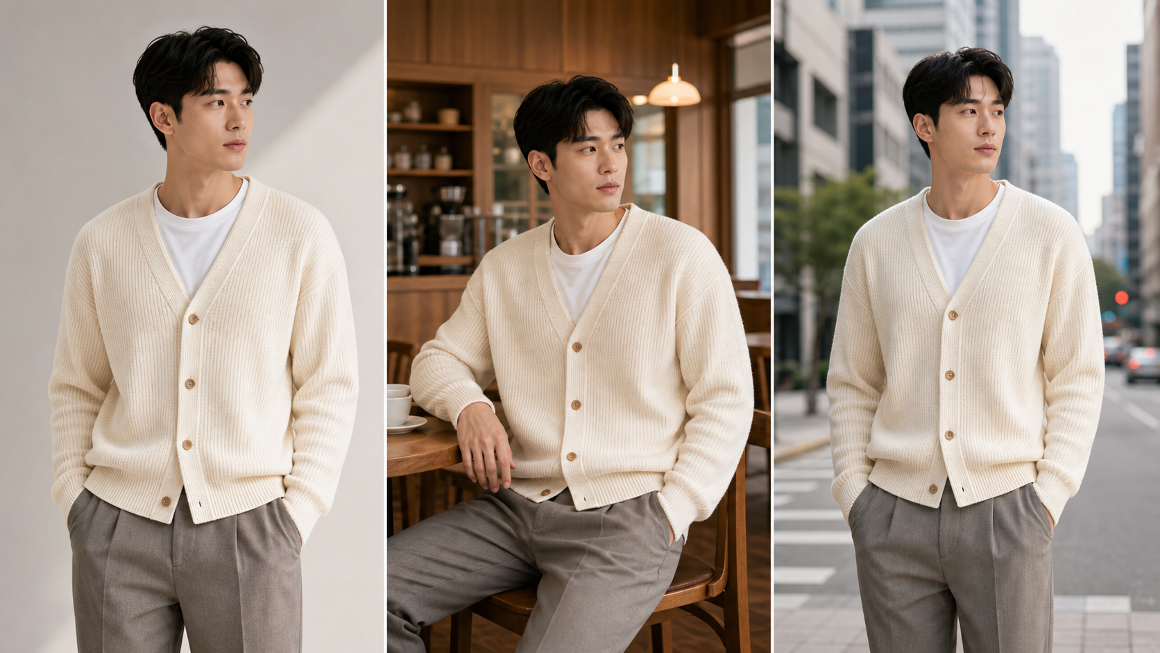 The same model and outfit shown in a studio, cafe, and street setting