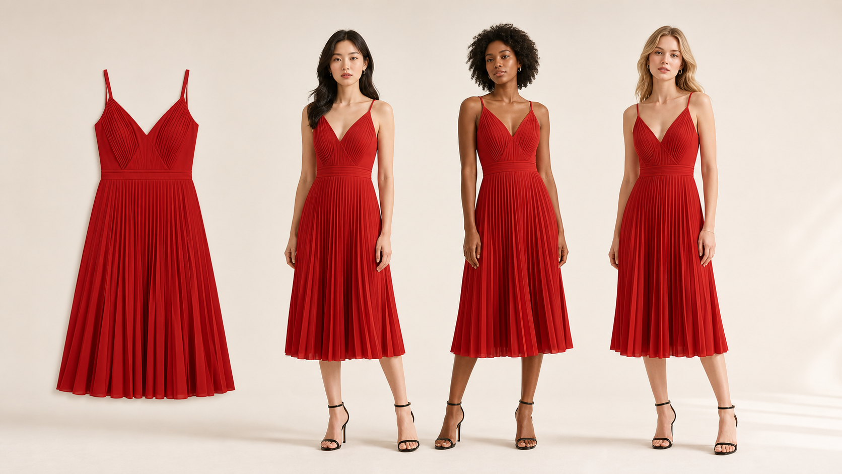The same red dress worn by three different models